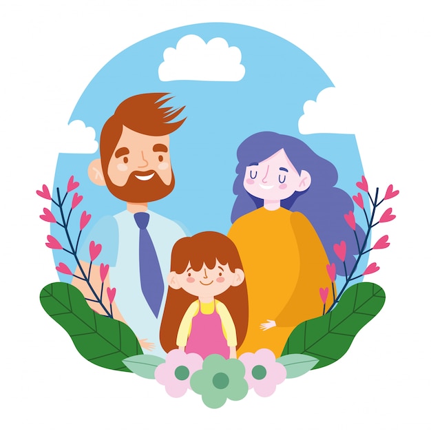 Mother father and daughter with leaves and flowers   design