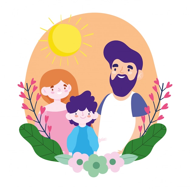 Mother father and daughter with leaves and flowers   design