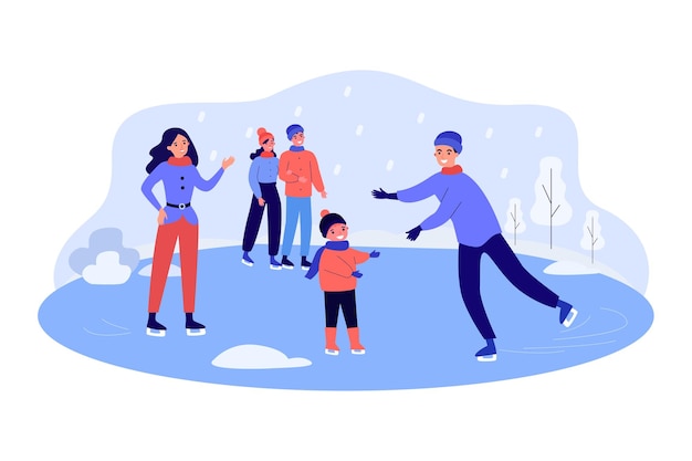 Mother, father and son skating on local ice rink. Happy fun time outdoor of woman, man and boy flat vector illustration. Winter activity, sport concept for banner, website design or landing web page