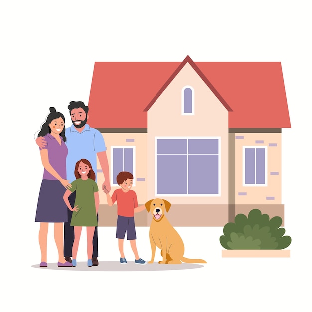 Mother and father with children and dog in front of the new house Vector flat style illustration