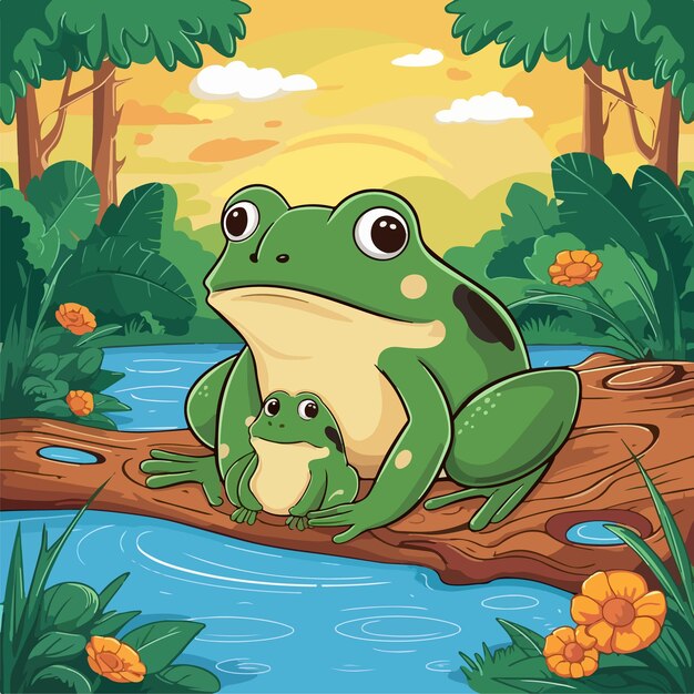 Vector mother frog one baby cartoon