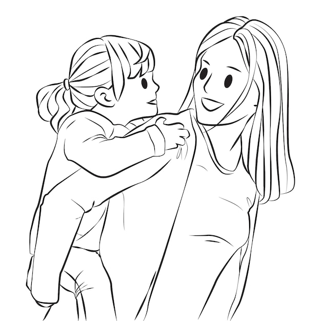 Mother give her daughter piggyback ride Outline People Cartoon Illustration