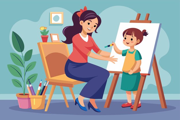 Vector a mother guides her child in painting on an easel while surrounded by colorful art supplies a beautiful illustration of a mother and child painting together at an easel