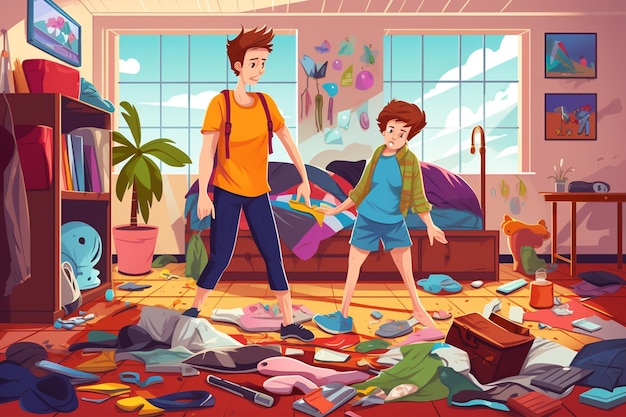 Vector mother helping son clean up messy room illustration