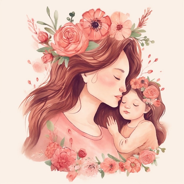 A mother and her baby are kissing a flower crown.