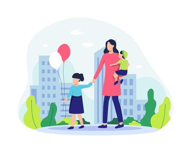 Mother and her children walking in the park. Family spending time together, Happy parents with daughter and son having fun together. Little girl with balloons. Vector illustration in a flat style