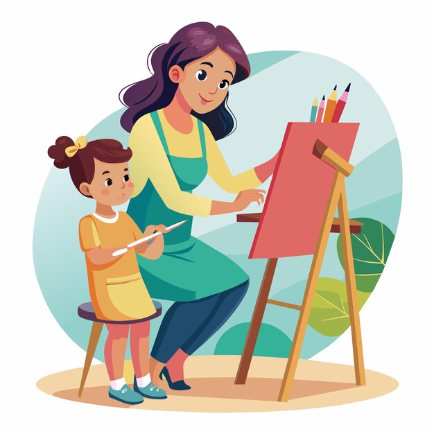 Vector a mother and her daughter are painting together at home enjoying a fun and creative activity a lovely design of a mother and child painting together at an easel