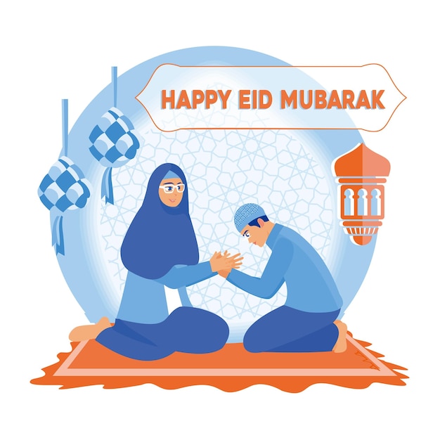 A mother and her son sit on the carpet Boy kisses hand and apologizes to his mother Happy Eid Mubarak concept Flat vector illustration