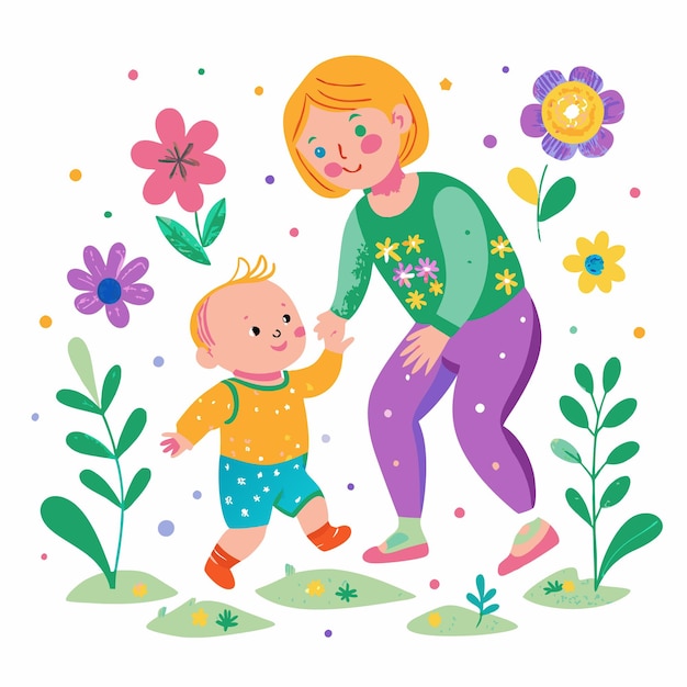 A mother and her toddler son walking in a garden with flowers and greenery