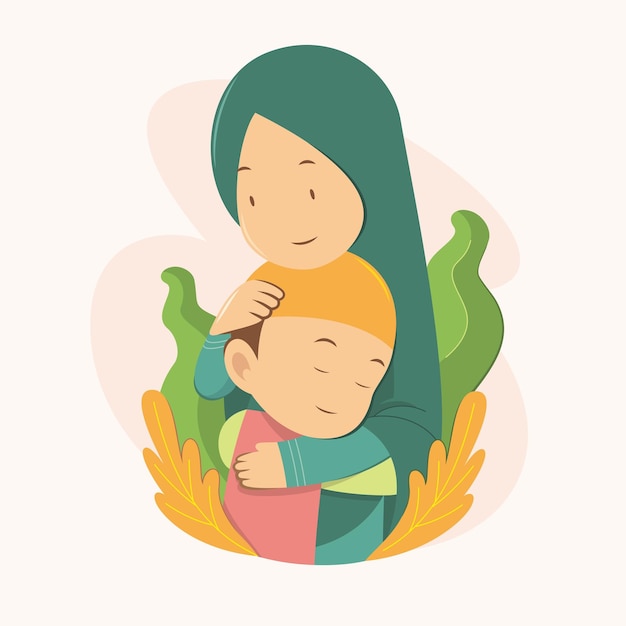 Mother in hijab and son hugging