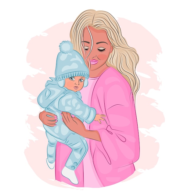 Mother holding baby boy in her arms Vector illustration Vector illustration of mother holding her little son in her arms Happy Mothers Day greeting card