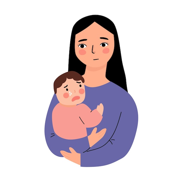 mother holding cranky baby in arms