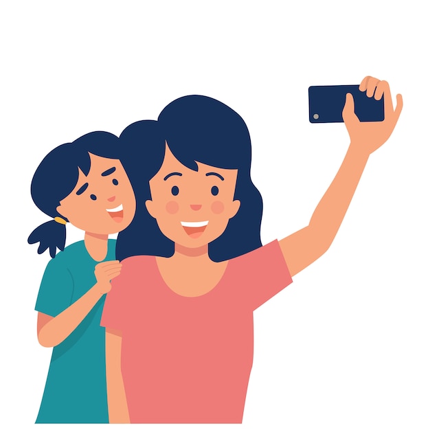 a mother holds a smartphone and takes a photo with her daughter