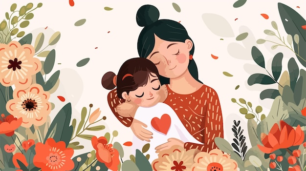 Mother Hugging Child on Floral Background