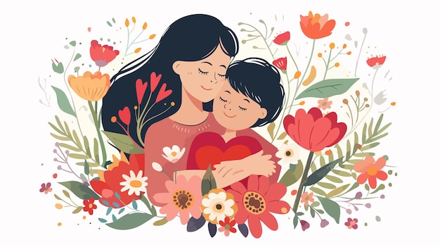 Mother Hugging Child on Floral Background