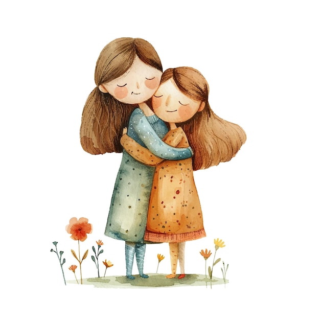 mother hugging daughter vector illustration in watercolour style