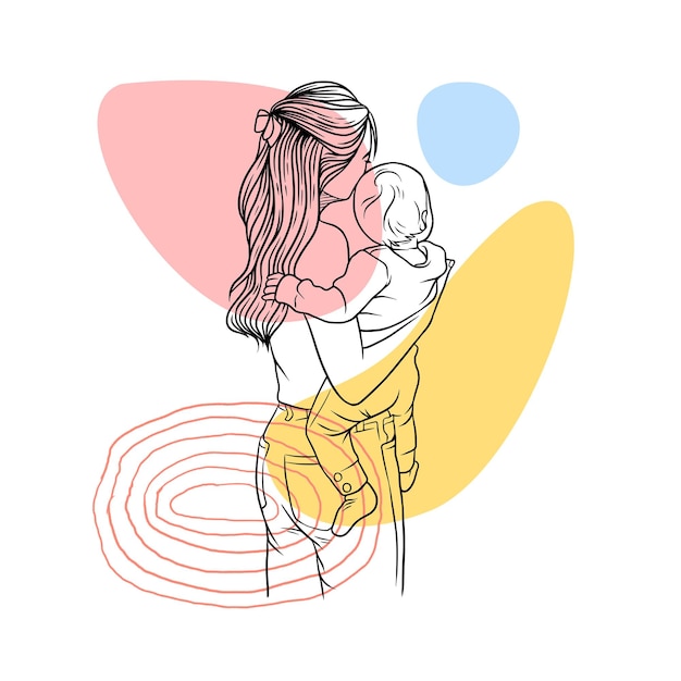 Mother hugging her child in line art style