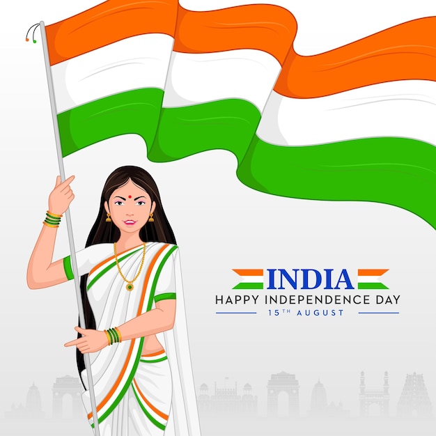 Mother India holding Indian trio color flag Happy Independence day