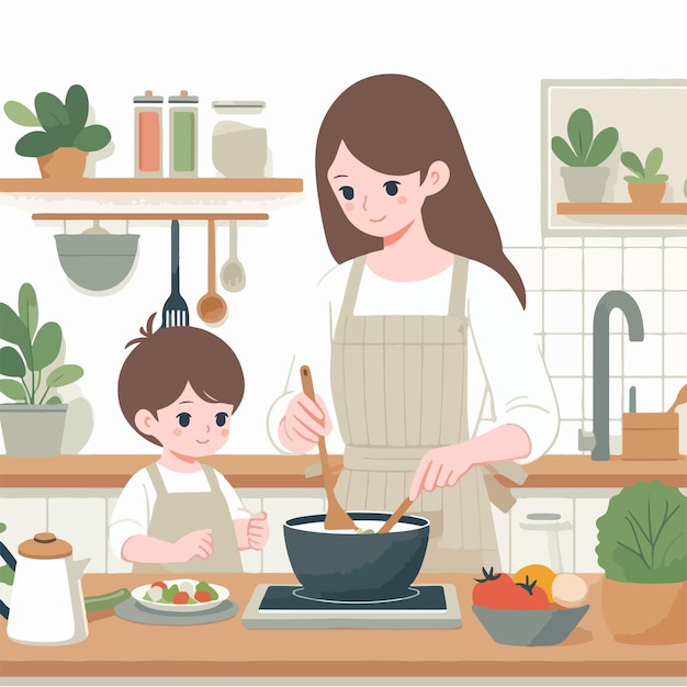 Vector a mother is cooking with her child simple and minimalist flat design style