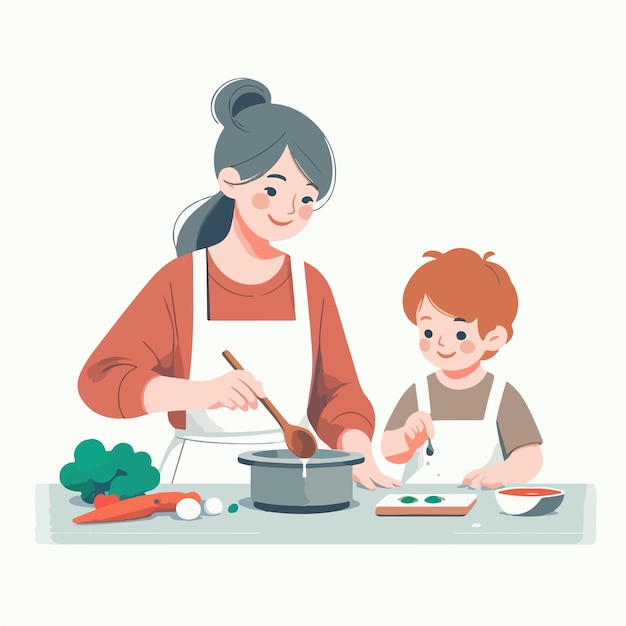 a mother is cooking with her child simple and minimalist flat design style