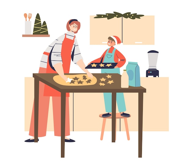 Vector mother and kid cooking traditional christmas ginger cookie preparing for xmas eve and new year