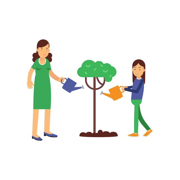 Mother and kid girl cartoon characters growing and watering tree. Environment preservation. People protect nature. Volunteers, ecological lifestyle concept. Flat vector illustration isolated on white.