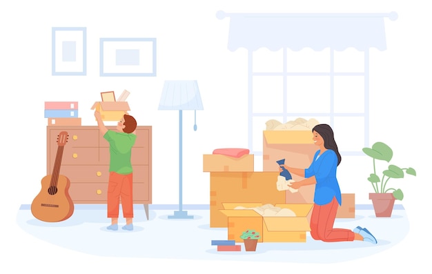 Vector mother and kid packing things family moving house