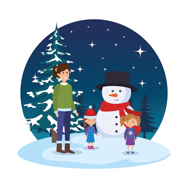 Mother and kids with christmas clothes in snowscape