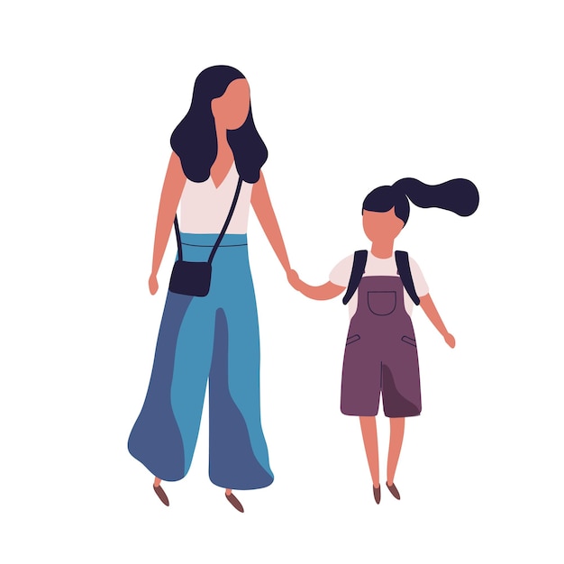 Mother leading her daughter to school. Portrait of modern family. Mom and little girl walking together. Parent and schoolgirl holding hands isolated on white background. Flat vector illustration.