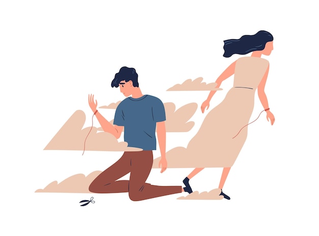 Mother leaving grown up son. Unhappy teen lost emotional connection with parent. Couple breakup, family divorce and relationship problem concept. Vector illustration in flat cartoon style.