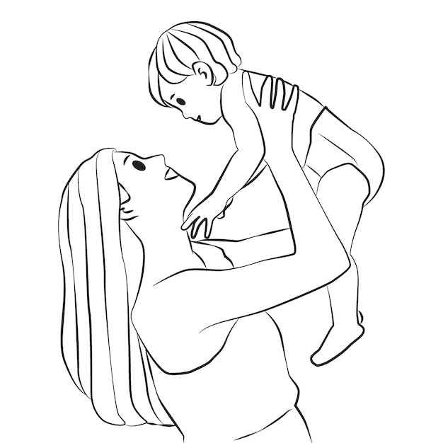 Mother lifting her baby outline people cartoon illustration