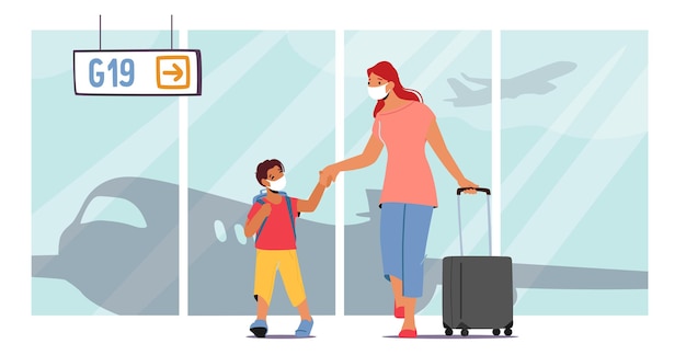 Mother and Little Child with Luggage in Airport