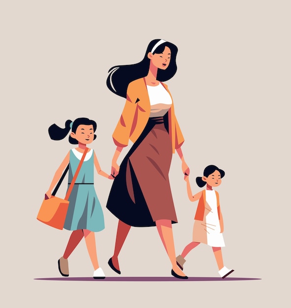 Mother and little children walking together asian mom taking daughters to school or kindergarten motherhood happy family