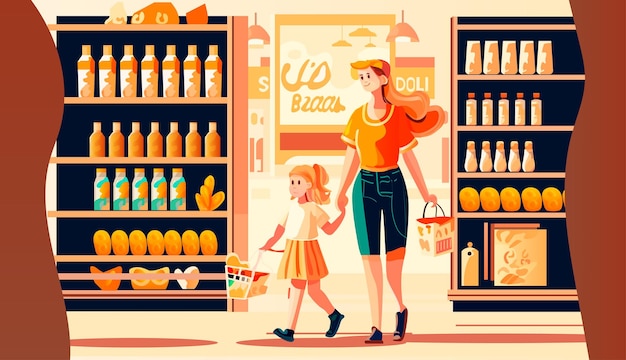 Mother and little daughter shopping at supermarket with products in carts family in store buying groceries