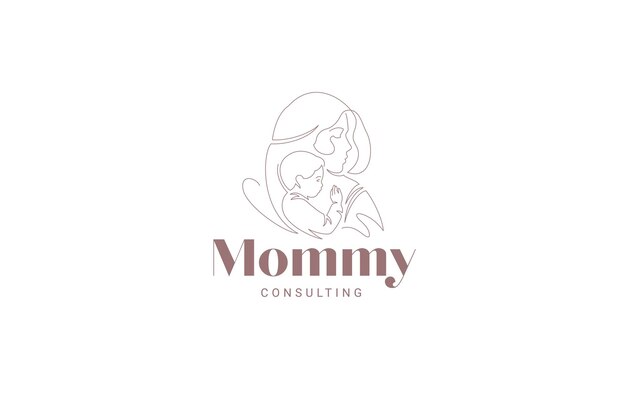 Vector mother and little son portrait continuous line logo design template vector illustration