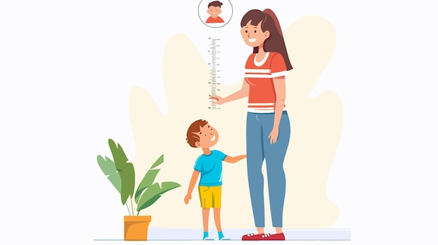 Mother Measuring Son Height Against Wall Family Growth and Development Concept