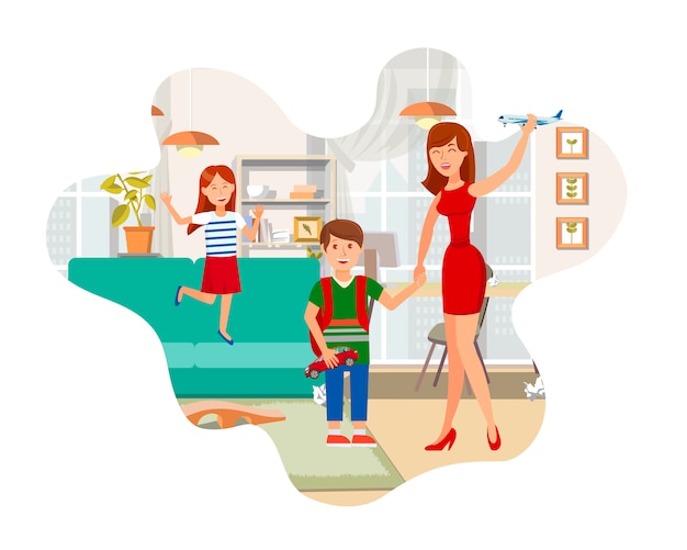 Mother Playing with Children Flat Illustration