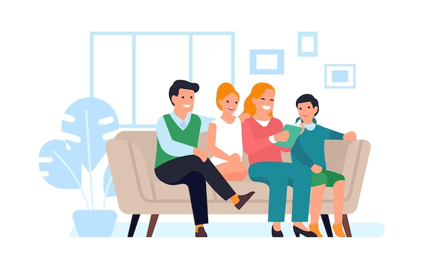 Mother reading book to her children Family relationship and leisure People sitting on sofa Literature for kids Mom and dad with teenagers relax at home Vector parenthood concept