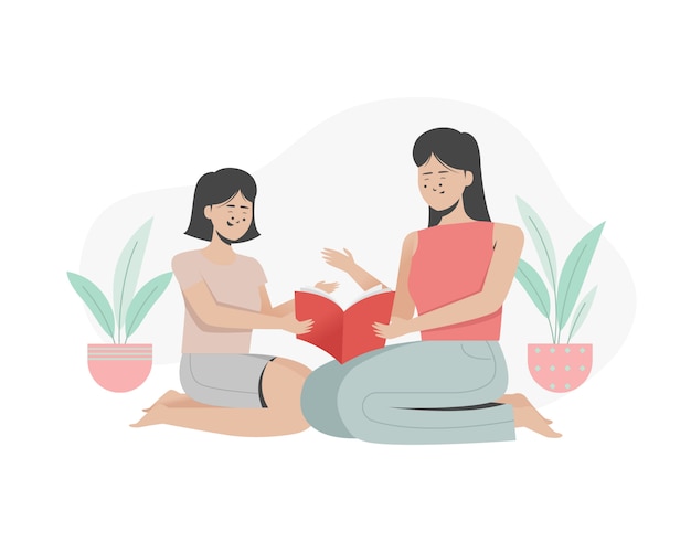 Mother reading a book for her daughter. International of Mother's Day. Flat illustration.