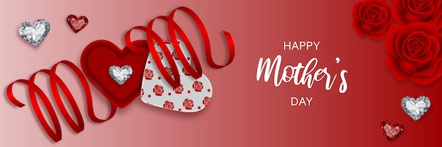 Mother's day background with gift box red ribbon roses and diamonds