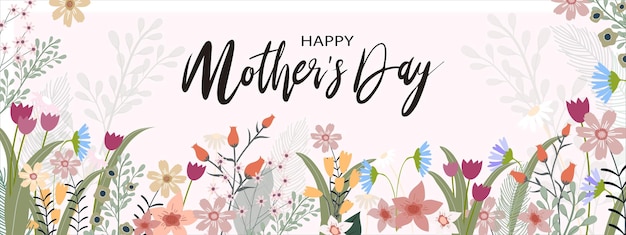 Mother's day banner with Spring flowers border on peach pastel background Vector illustration horizontal backdrop of cute blooming flora frame Flat design of Beautiflu botanical