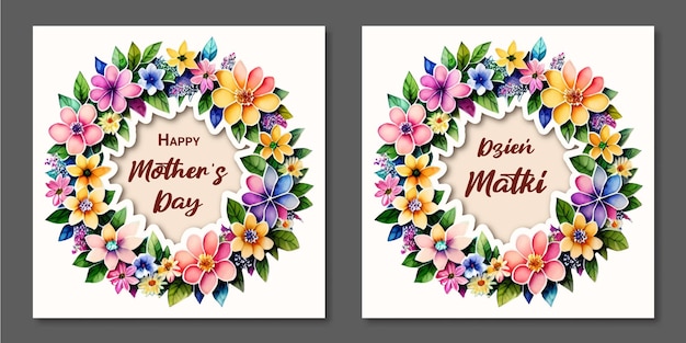 Mother's Day card Watercolor wreath of flowers Polish and english version