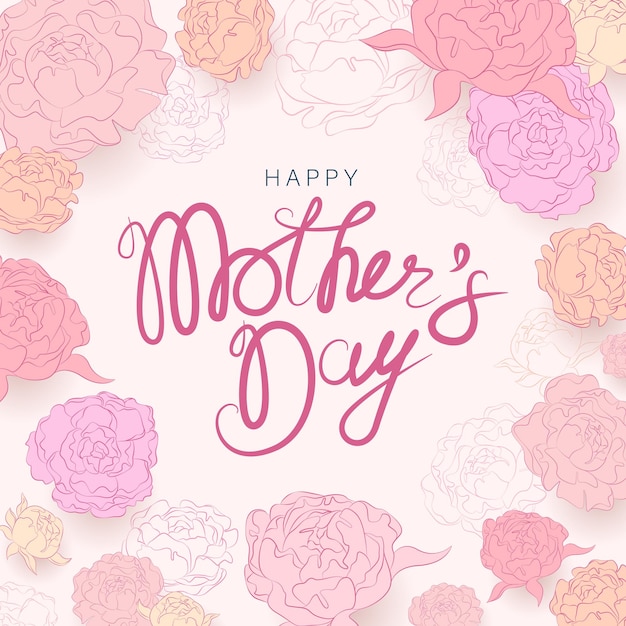 Mother's Day greeting card. Vector banner with flying stylized flowers. Handwritten text