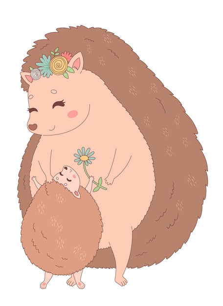 Mother's Day hedgehog mother and daughter vector illustration