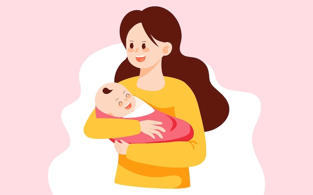 Mother's day mother holding baby among flowers vector illustration