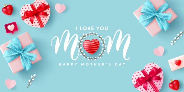 Mother's Day Poster or banner with Heart Shaped Gift Box and pink gift box on blue background