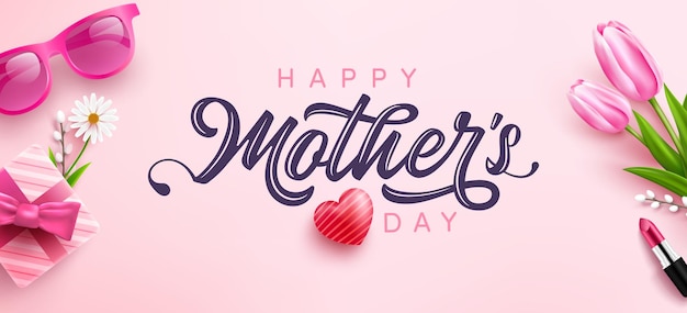 Mother's Day Poster or banner with sweet heartsflower and pink gift box on pink background