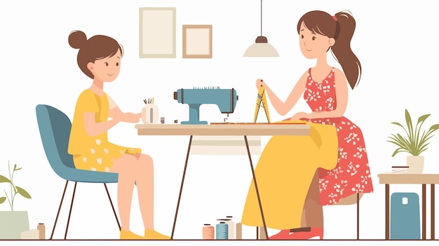 Vector mother sewing clothes with daughter watching in amazement