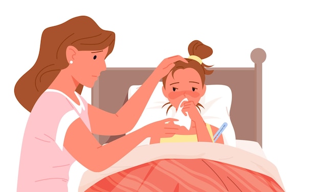 Vector mother and sick daughter with cold flu feverish child lying in bed at home bedroom