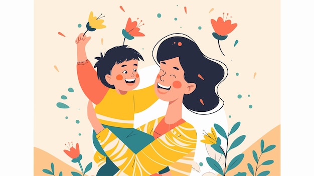 Mother and Son Celebrating Happy Mothers Day with Vector Illustration